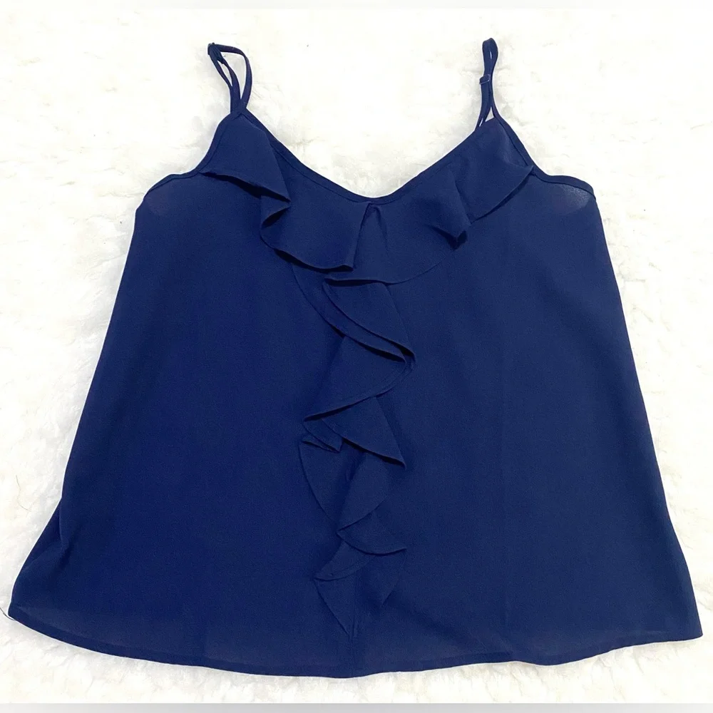 Paper Crane Womens S Solid Navy Blue Sheer Ruffle Cami Top Boho-chic Preppy - Picture 4 of 16